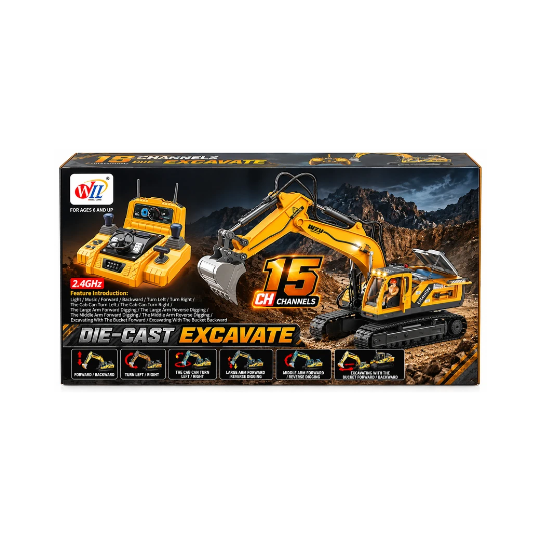 WL 15 Channel 2.4GHz Remote Control Die-Cast Excavator with Light & Sound