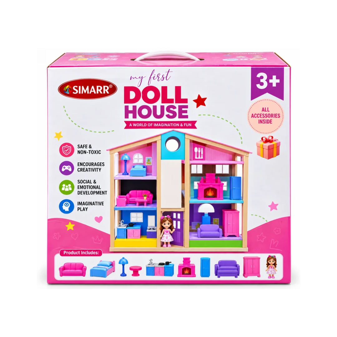 Simarr My First Doll House Playset with Doll & Accessories | Wooden Pretend Play House for Kids | 3+ Years