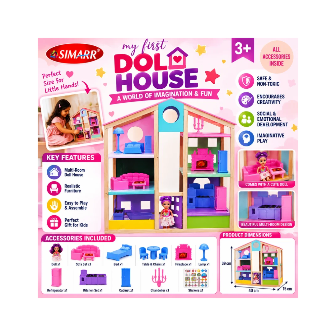 Simarr My First Doll House Playset with Doll & Accessories | Wooden Pretend Play House for Kids | 3+ Years