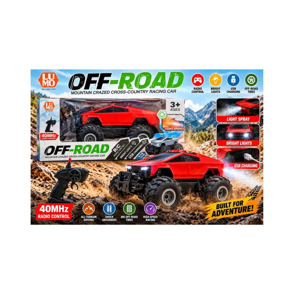 LUMO Off-Road Radio Control Racing Car with Light Spray, Bright Lights & USB Charging Assorted Color  – 3+ Years