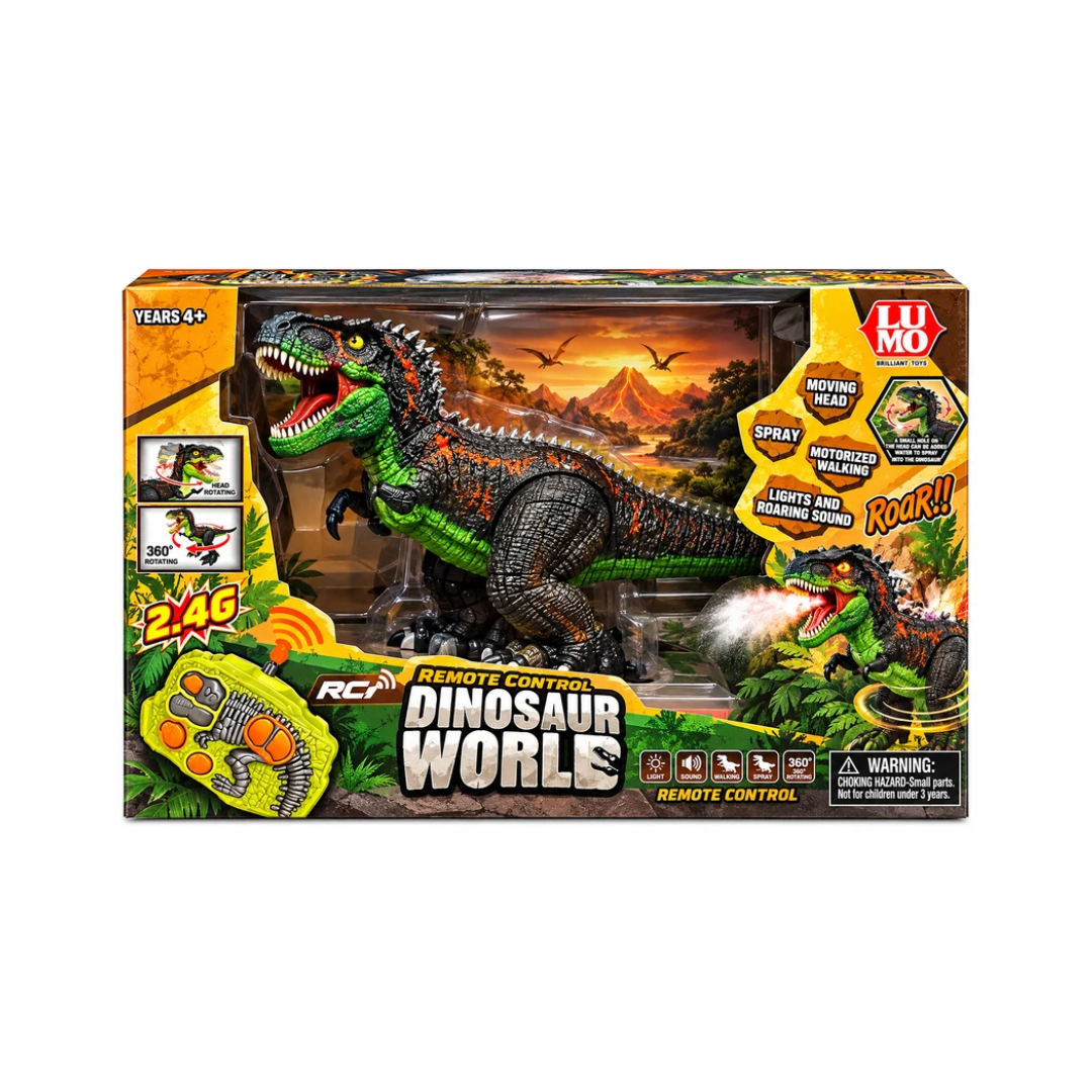 LUMO Remote Control Dinosaur Toy with 360° Rotation, Motorized Walking, Spray, Lights & Sound – 4+ Years