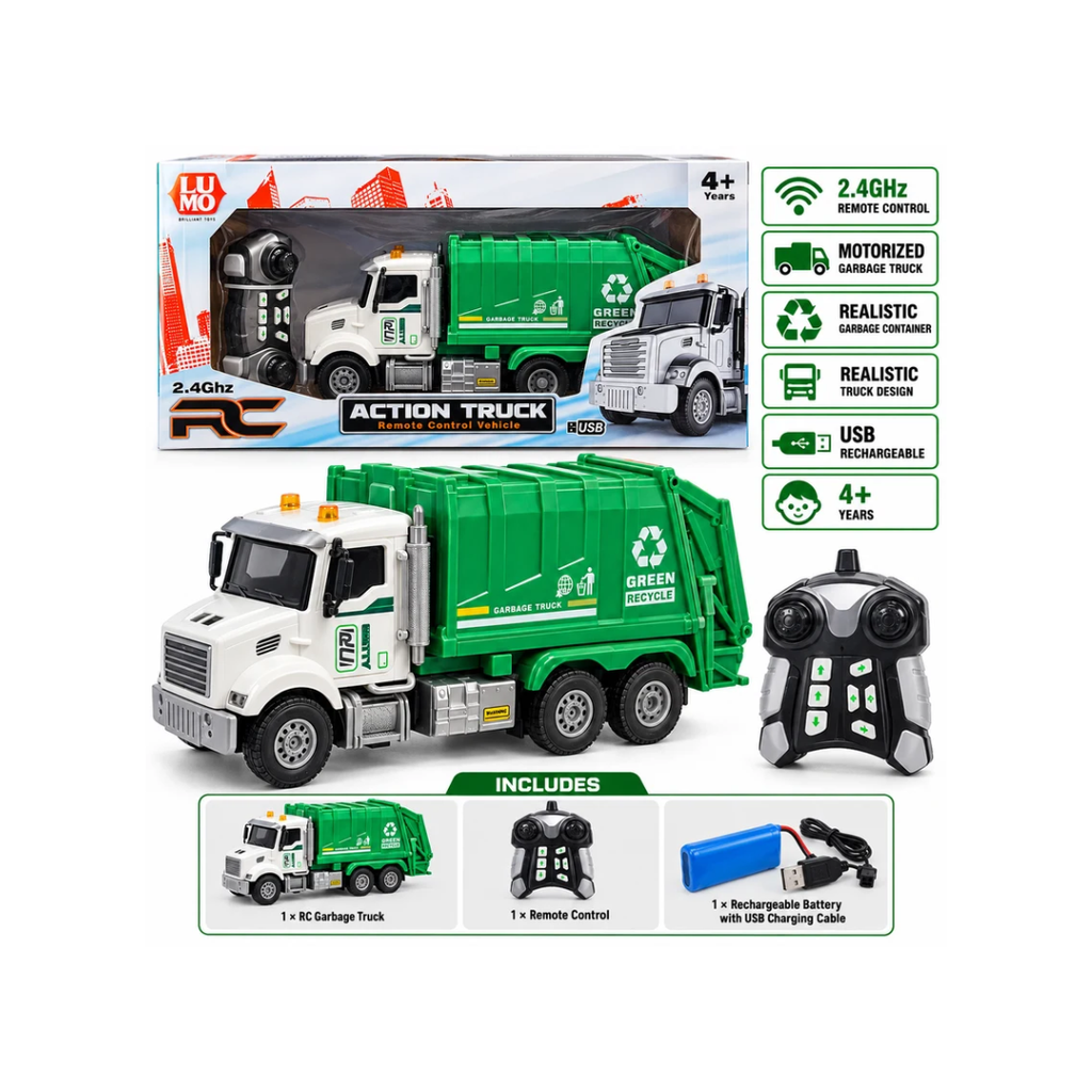 LUMO Action Truck Garbage Truck 2.4GHz Remote Control Vehicle with USB – 4+ Years