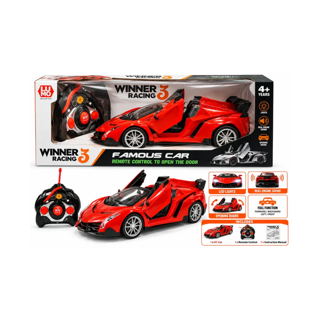 LUMO Winner Racing 3 Famous Car Remote Control with Remote-Controlled Opening Doors – 4+ Years