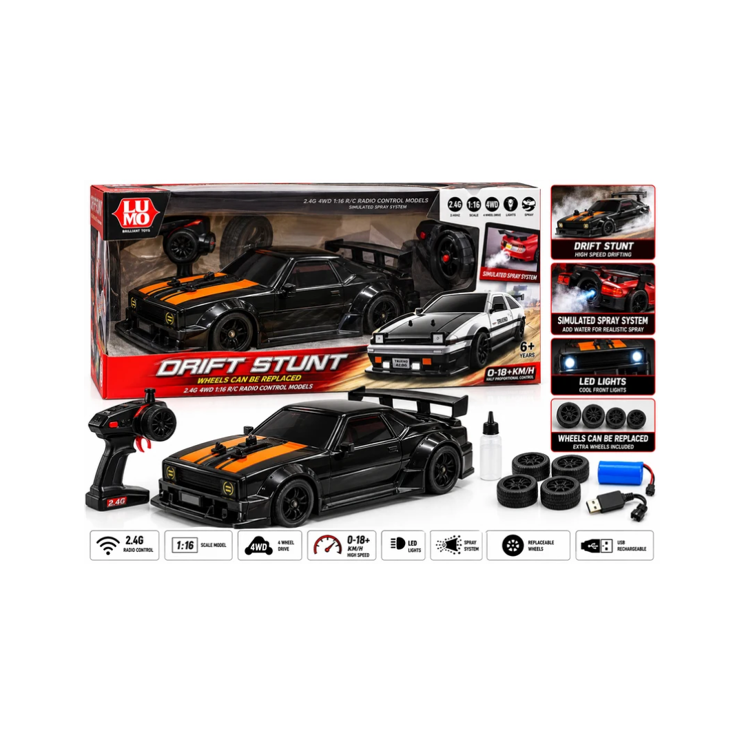 LUMO Drift Stunt RC Car 4WD with Replaceable Wheels, 2.4GHz Remote & Simulated Spray System – 6+ Years
