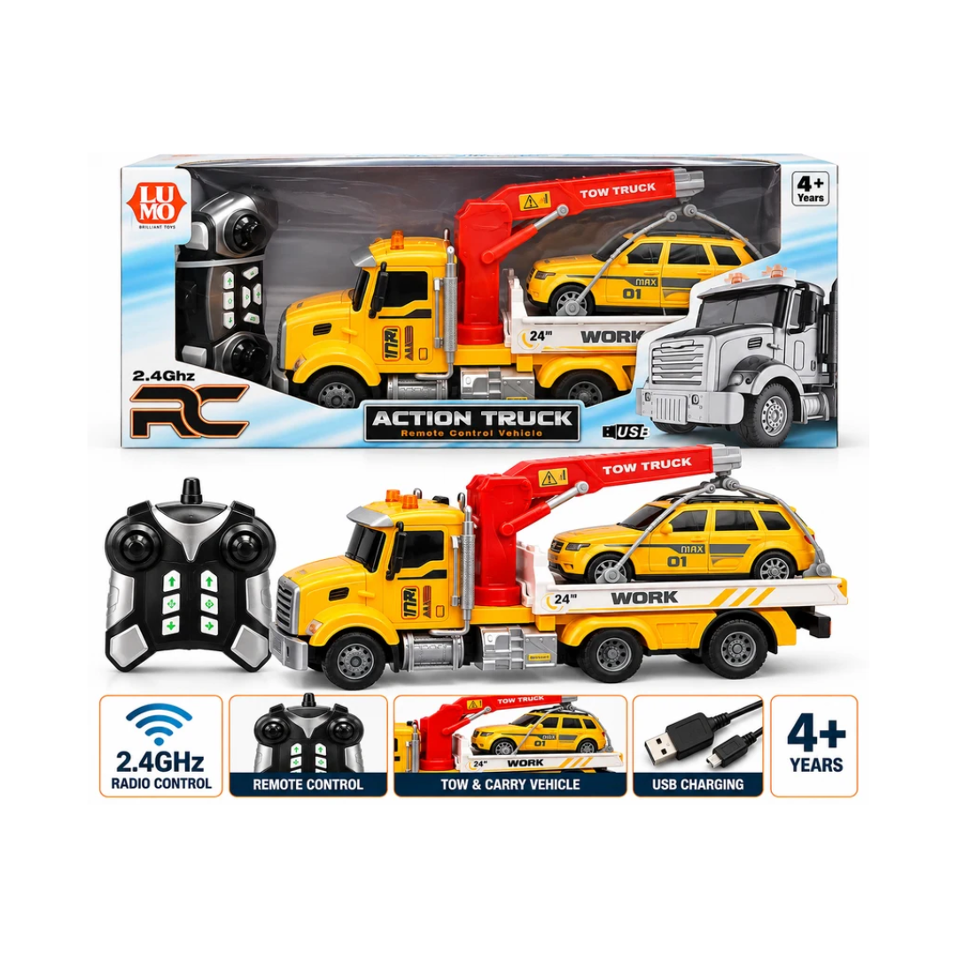 LUMO Action Truck 2.4GHz RC Tow Truck with Car Carrier & USB Charging – 4+ Years