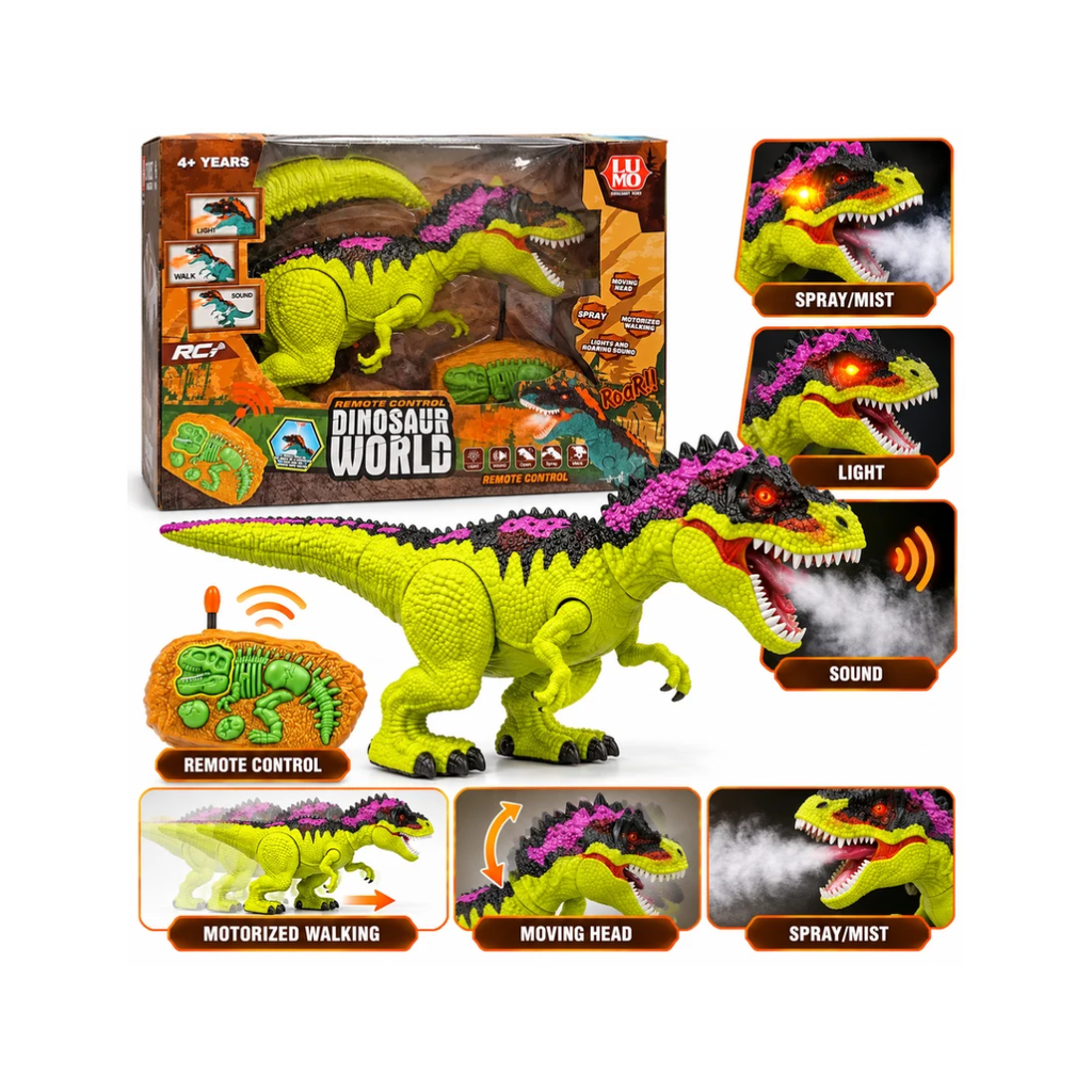 LUMO Remote Control Dinosaur with Walking, Moving Head, Light, Sound & Spray Effects – 4+ Years