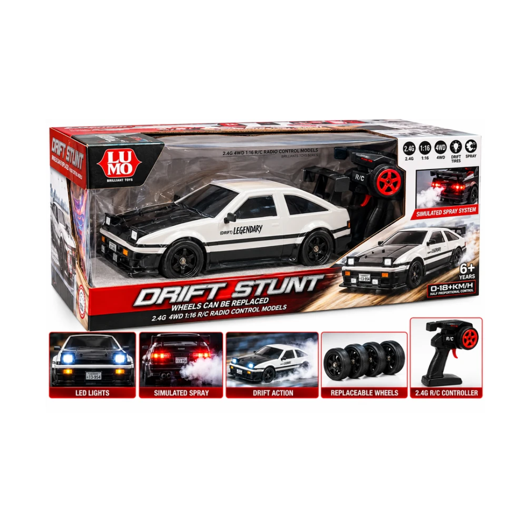 Lumo Drift Stunt Remote Control Car 4WD with Replaceable Wheels, Spray Effect & 2.4GHz Remote – 6+ Years
