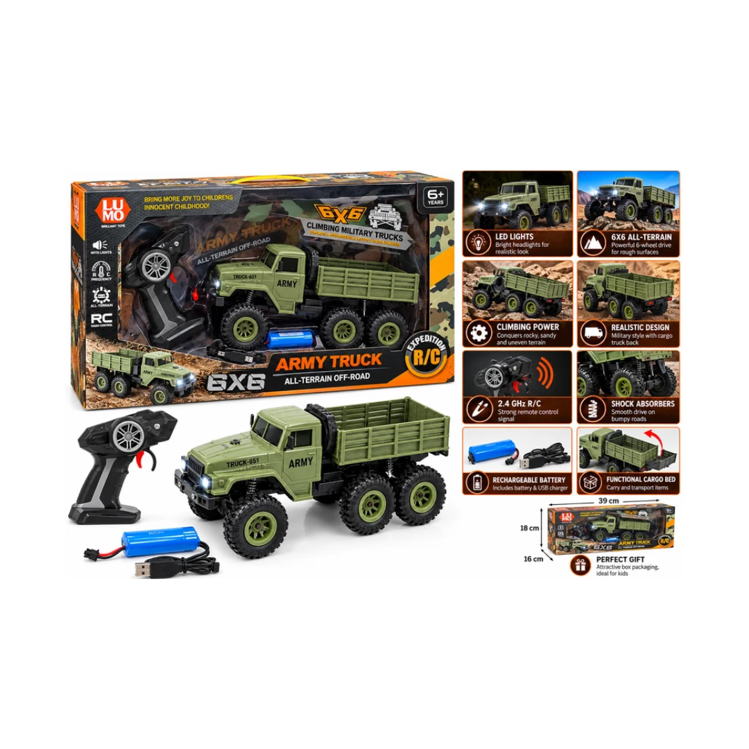 Lumo 6x6 Army Truck Remote Truck Climbing Vehicle – All-Terrain Off-Road, Rechargeable, 6+ Years