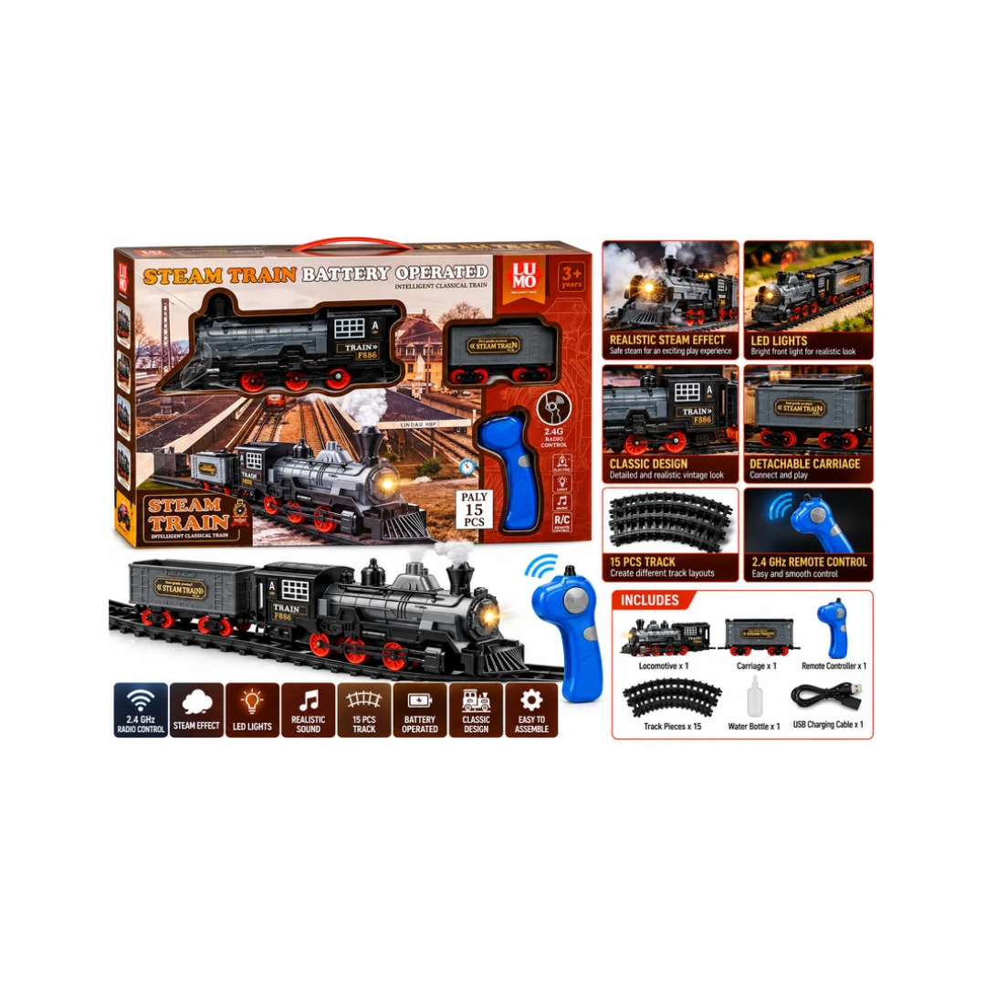 Lumo Steam Train Battery Operated with 2.4G Remote Control – 15-Piece Set, Light & Music, 3+ Years