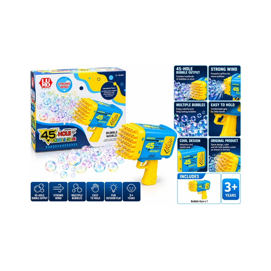 Lumo 45-Hole Bubble Gun with Strong Wind – Bubble Blower Toy for Kids, 3+ Years