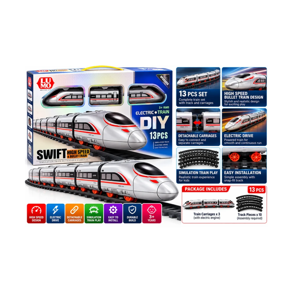 Lumo Electric Train DIY Swift High-Speed Bullet Train Set – 13 Pieces, Detachable Carriages, 3+ Years