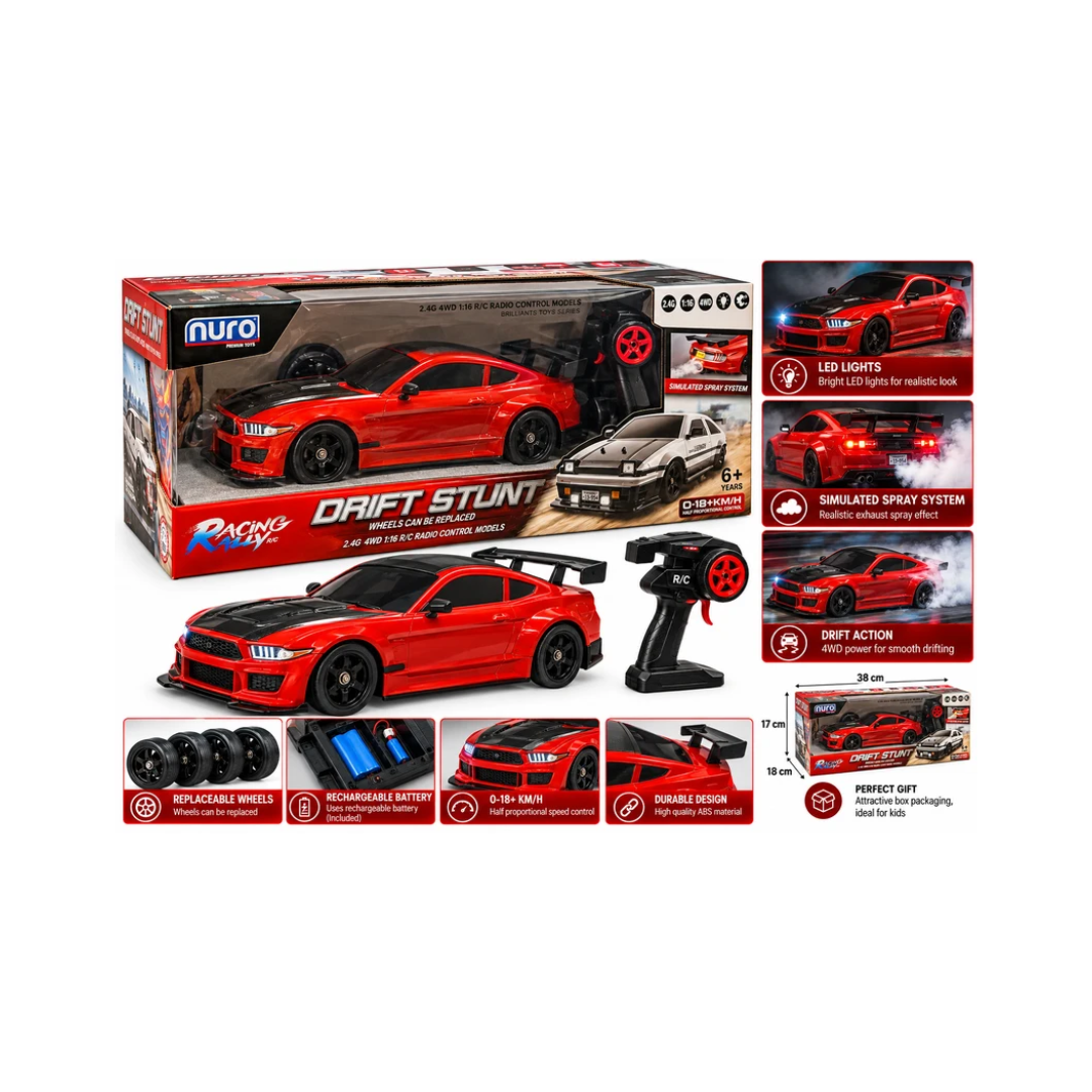 Nuro Racing Drift Stunt Remote Car 4WD with Replaceable Wheels & Spray Effect – 6+ Years