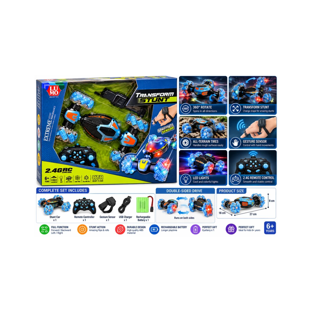 Lumo Transform Stunt Remote Car with Gravity Sensor Gesture Control – 360° Stunts, 2.4GHz, 6+ Years