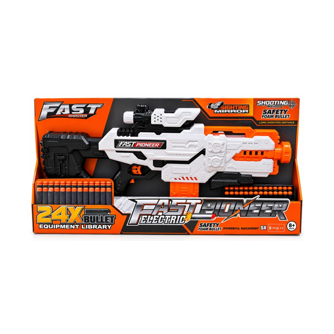Fast Pioneer Electric Toy Gun with Foam Bullets & Sighting Mirror – 24X Equipment, 8+ Years
