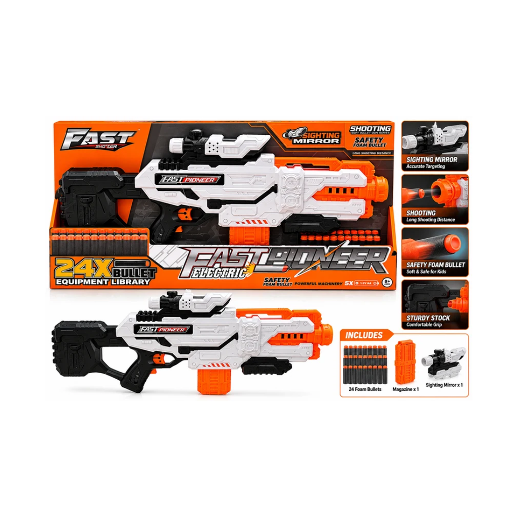 Fast Pioneer Electric Toy Gun with Foam Bullets & Sighting Mirror – 24X Equipment, 8+ Years