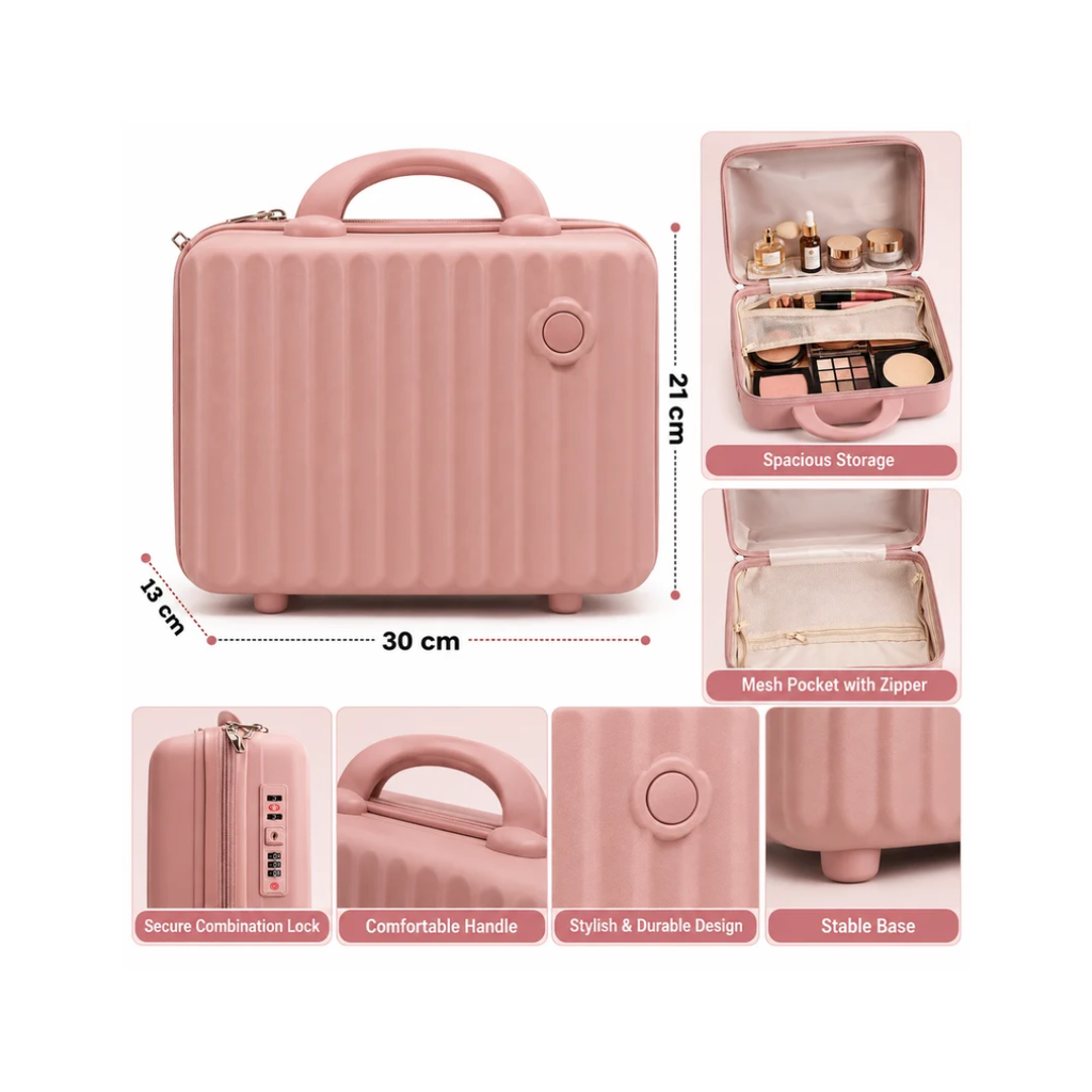 Portable Hard Shell Makeup & Travel Organizer Case with Handle – Pink (30cm)