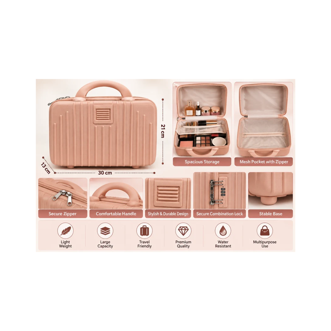 Portable Hard Shell Makeup & Travel Organizer Case with Handle – Peach Pink (30cm)