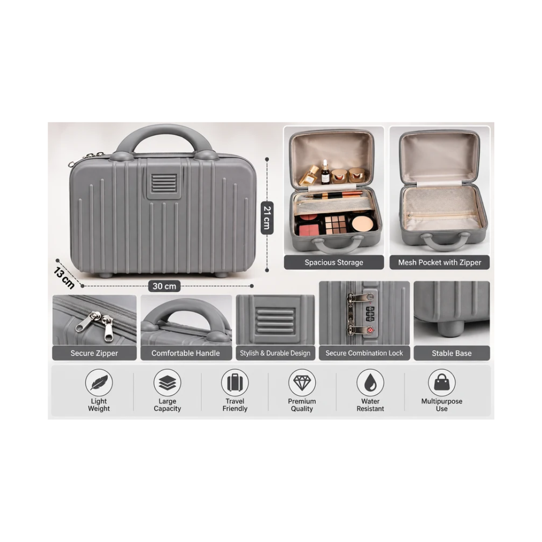 Portable Hard Shell Makeup & Travel Organizer Case with Handle – Grey (30cm)