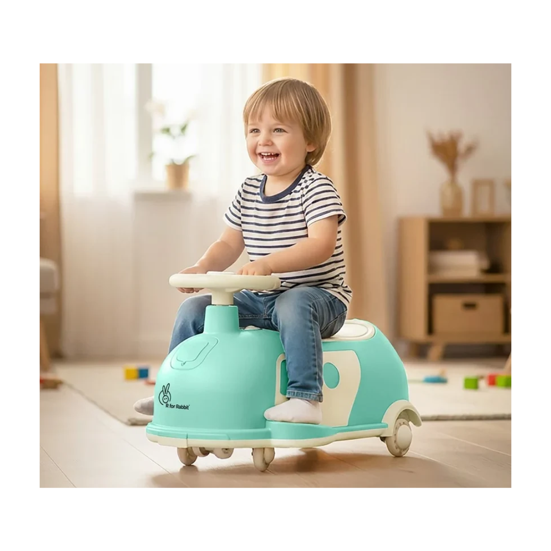 R for Rabbit Iya Iya Caravan 3-in-1 Swing, Push & Pull Ride-On for Kids with PU LED Wheels, ABEC 7 Bearings & Toy Storage – Green Beige