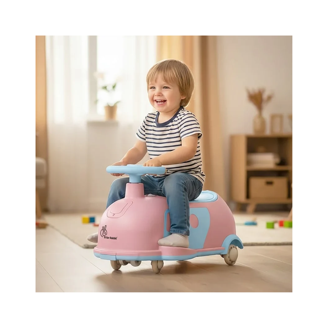 R for Rabbit Iya Iya Caravan 3-in-1 Swing, Push & Pull Ride-On for Kids with PU LED Wheels, ABEC 7 Bearings & Toy Storage – Pink Blue
