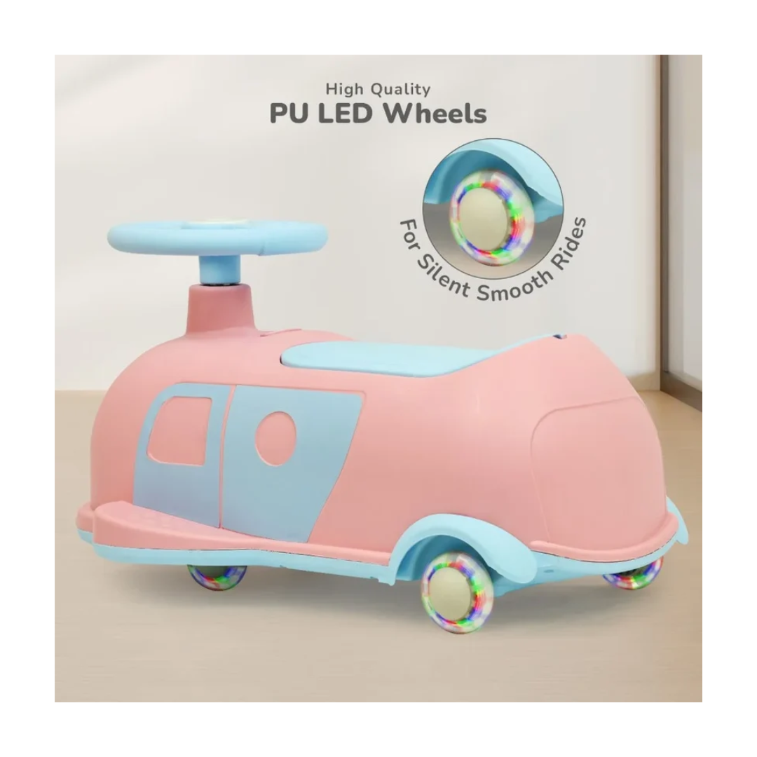 R for Rabbit Iya Iya Caravan 3-in-1 Swing, Push & Pull Ride-On for Kids with PU LED Wheels, ABEC 7 Bearings & Toy Storage – Pink Blue