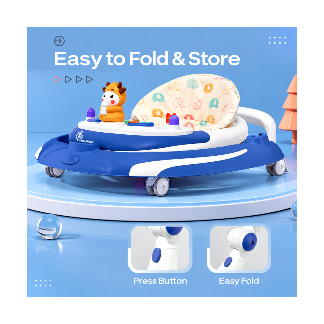 R for Rabbit Little Feet Plus Baby Walker - Detachable Toy Bar With Music & Light Blue White
