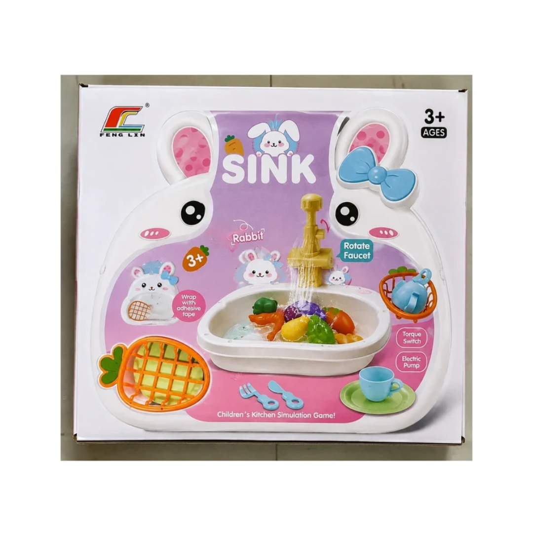 Rabbit Kids Kitchen Sink Play Set with Rotating Faucet & Electric Water Pump 3+ Years