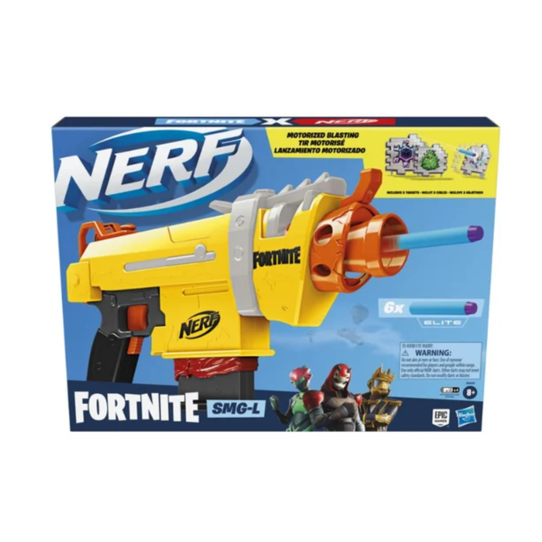 Hasbro  Nerf Fortnite SMG-L Motorised Dart Blaster Includes 3 Targets Comes with 6-Dart Clip and 6 Official Nerf Elite Darts