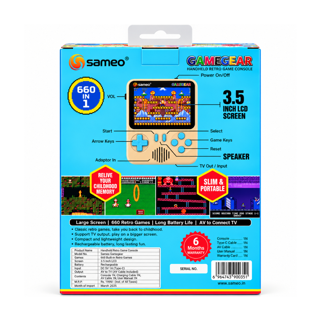 Sameo GameGear Retro Handheld Gaming Console – 666 8-Bit Games 3.5” LCD Grey