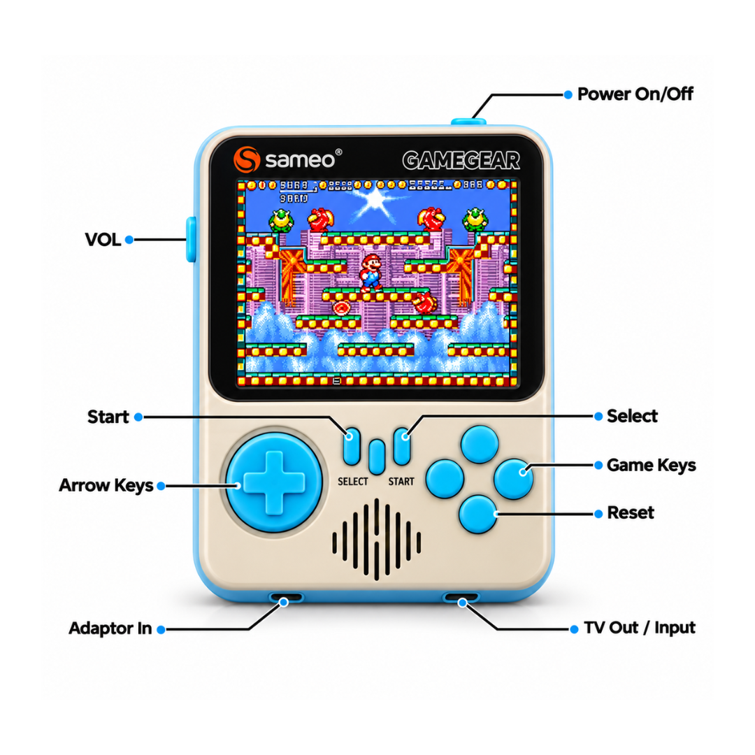 Sameo GameGear Retro Handheld Gaming Console – 666 8-Bit Games 3.5” LCD Grey