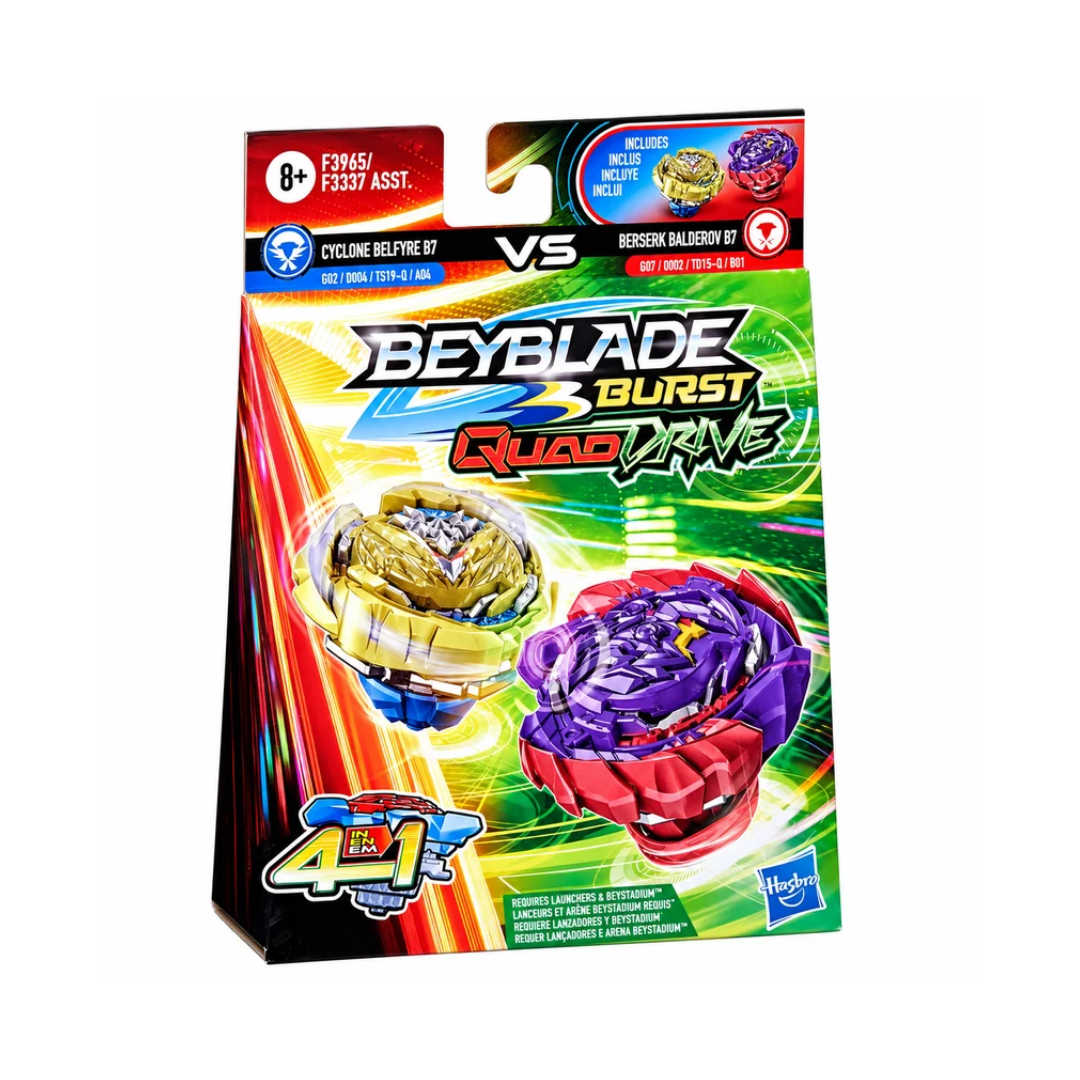 Hasbro Beyblade Burst QuadDrive Cyclone Belfyre B7 vs Berserk Balderov B7 Dual Pack | 4-in-1 Spinning Top Battle Set for Kids Ages 8+