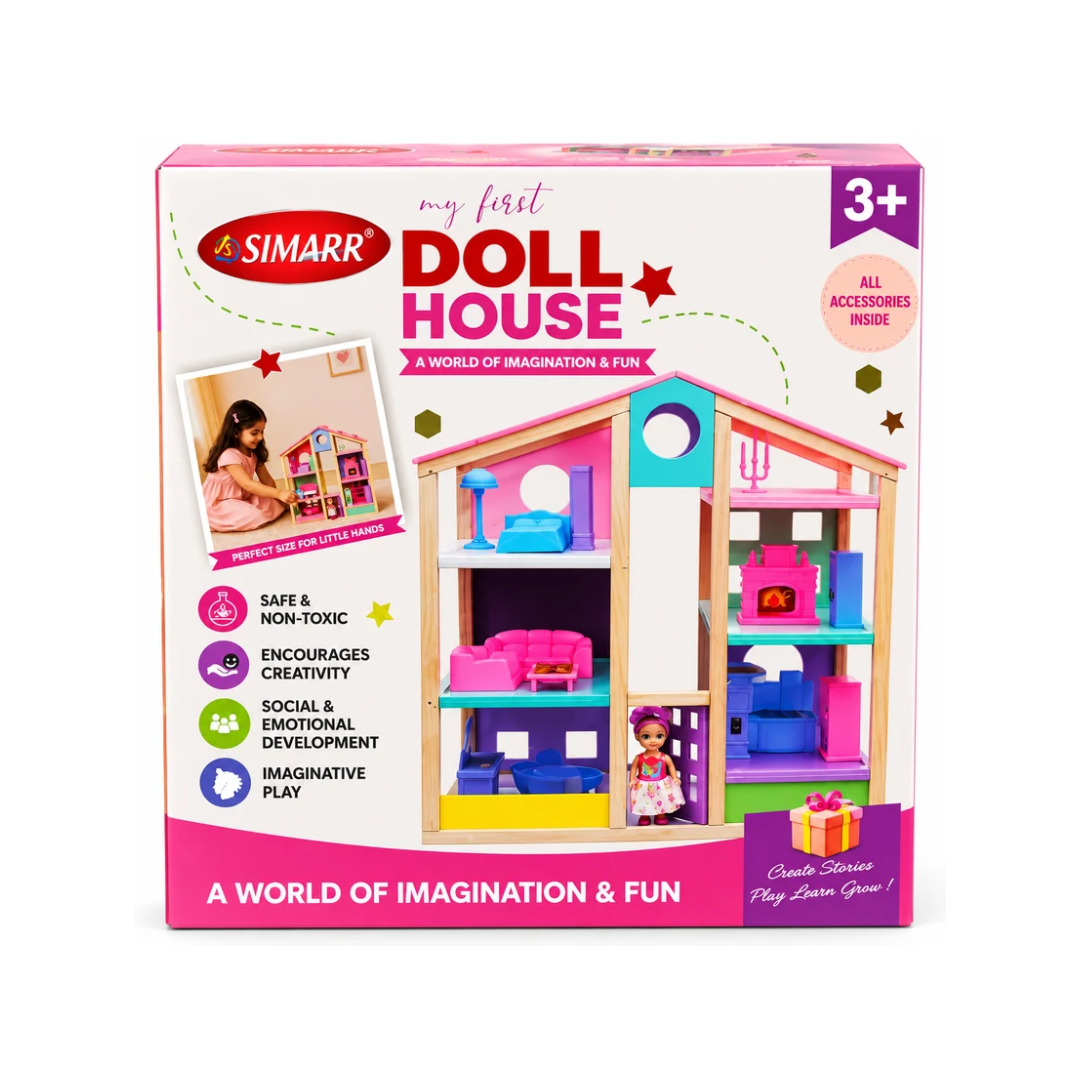 Simarr My First Doll House Playset with Doll & Accessories | Wooden Pretend Play House for Kids | 3+ Years