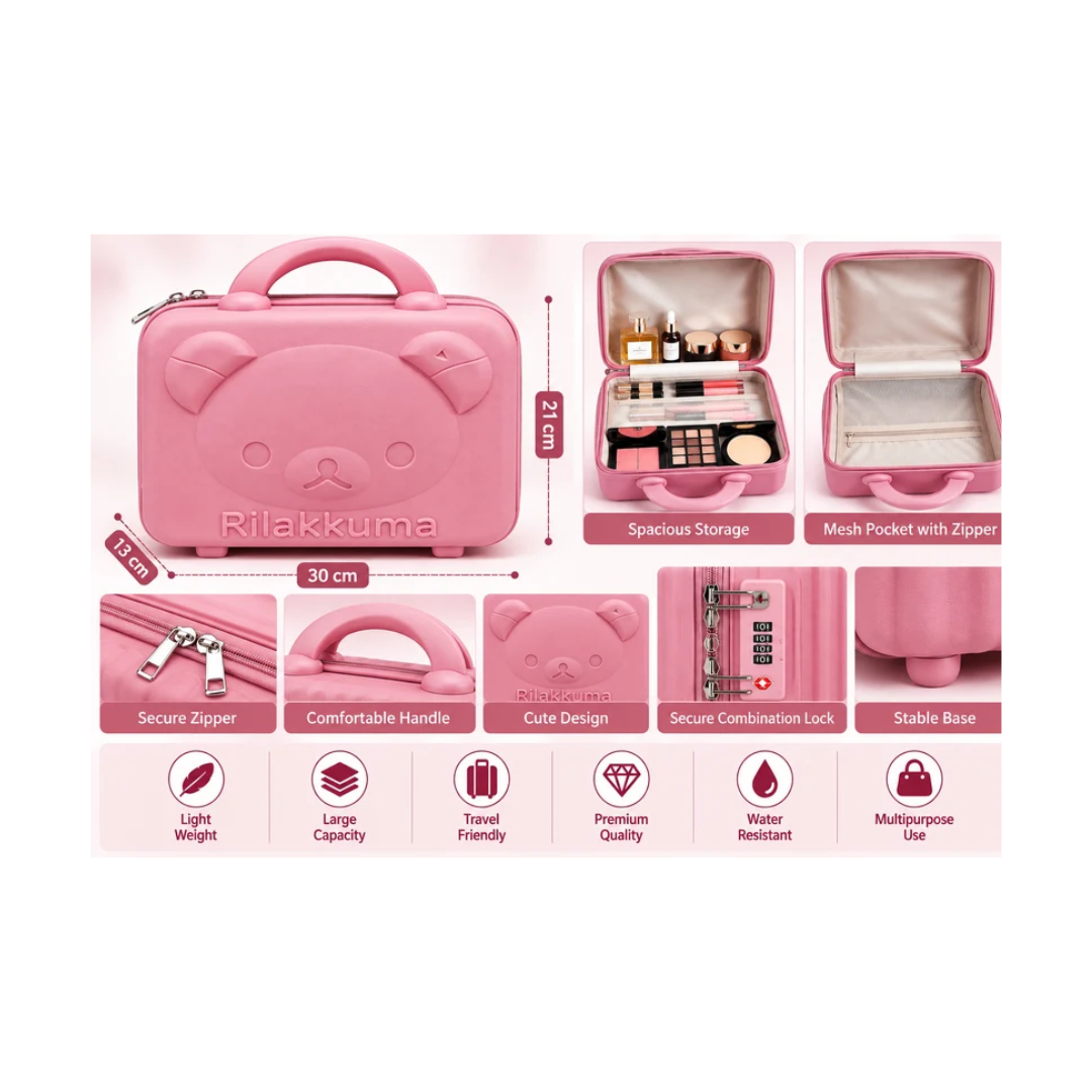 Rilakkuma Bear Hard Shell Makeup & Travel Organizer Case with Handle – Pink (30cm)