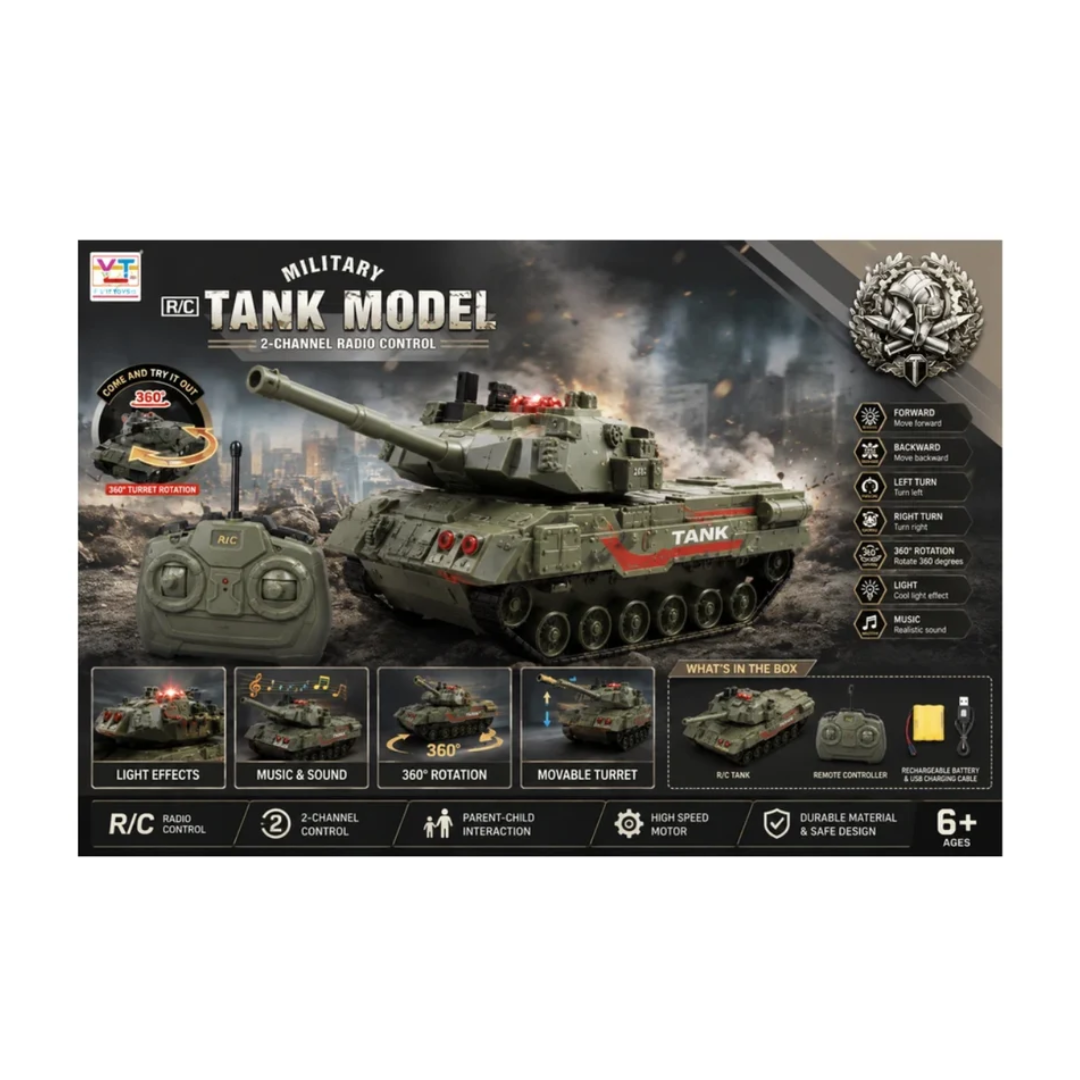 Military Remote Control Battle Tank with Remote Control, Lights & Sound – 360° Rotation