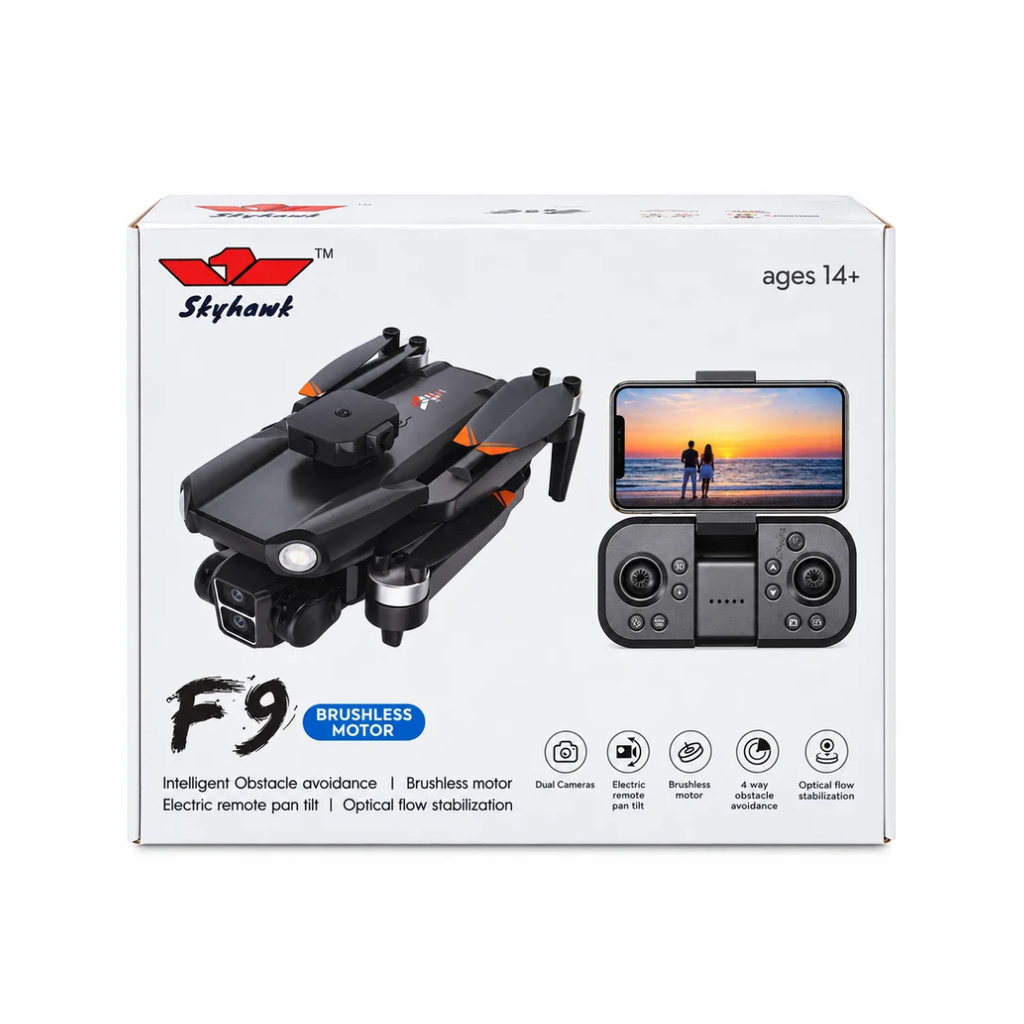 Skyhawk F9 Brushless Motor Dual Camera Foldable Drone with 4-Way Obstacle Avoidance & Optical Flow Stabilization – 14+