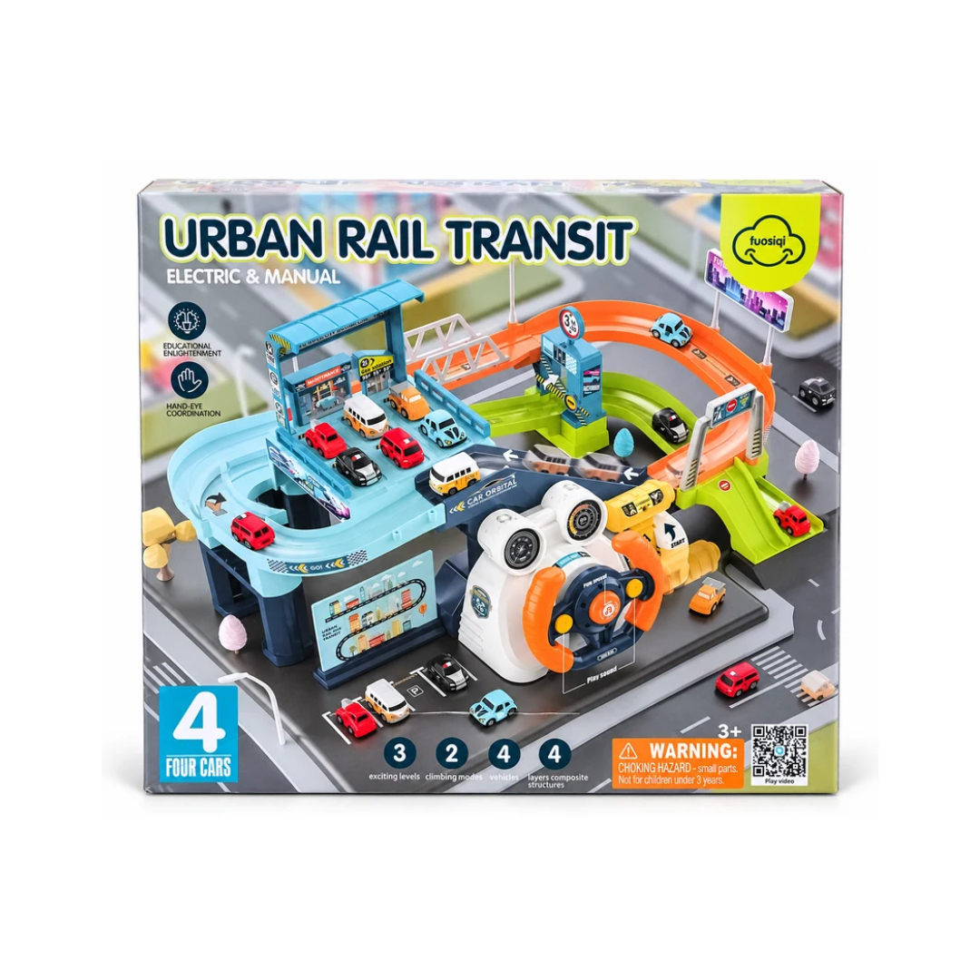 Urban Rail Transit Electric & Manual Parking Garage Track Playset with 4 Cars for Kids Ages 3+ Years