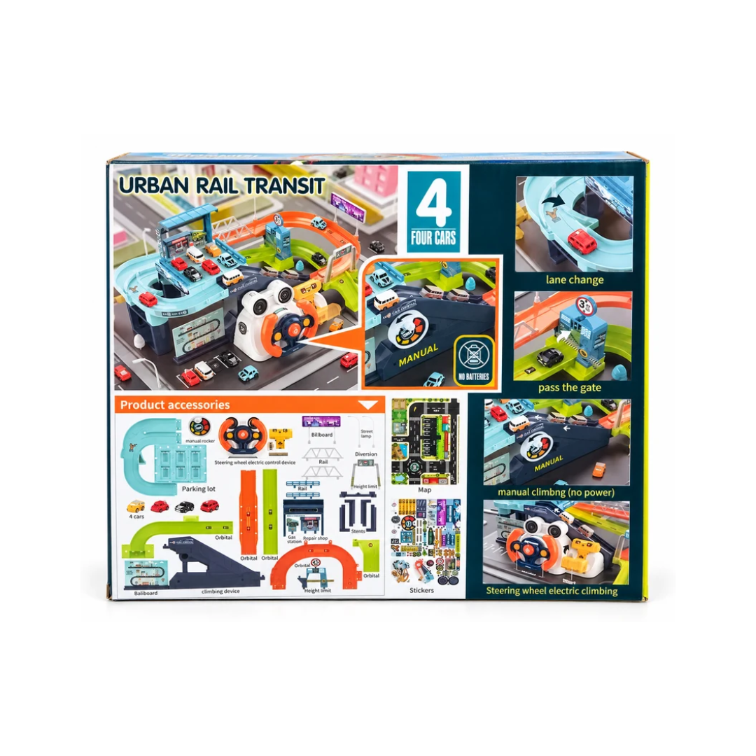 Urban Rail Transit Electric & Manual Parking Garage Track Playset with 4 Cars for Kids Ages 3+ Years