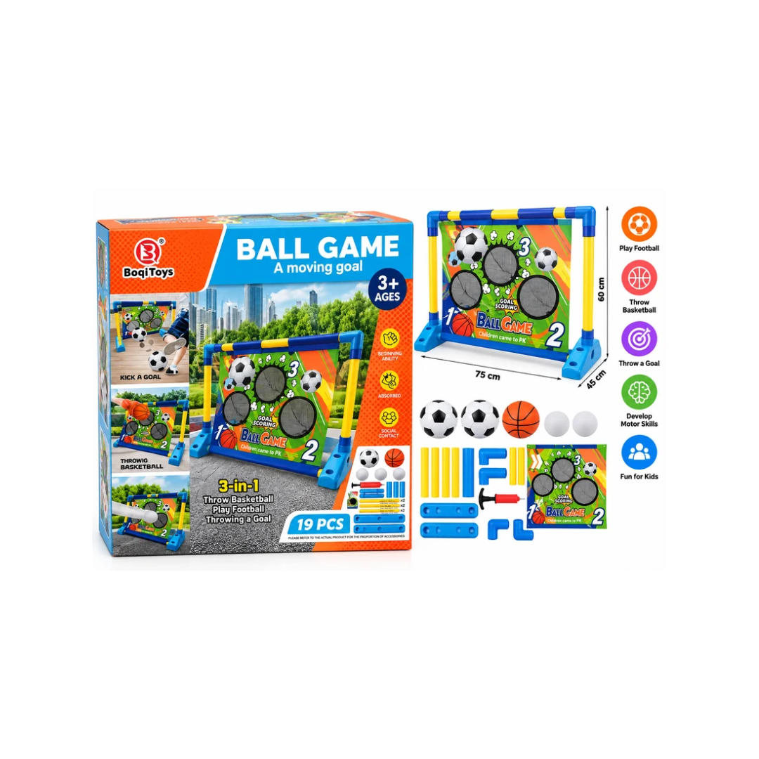 3-in-1 Kids Ball Game Set with Football, Basketball & Goal Throwing, Indoor & Outdoor Sports Toy, 3 Years+