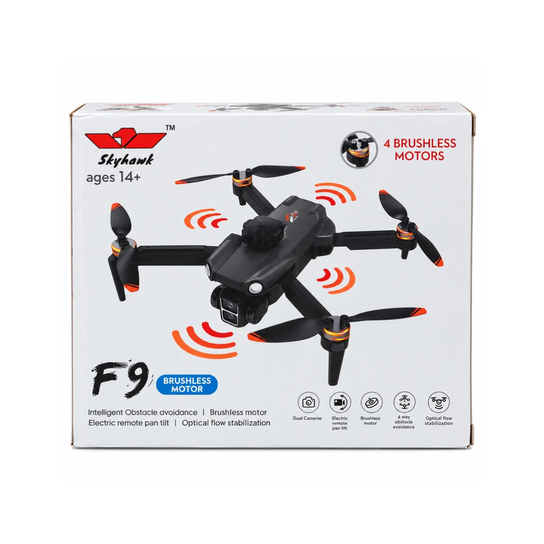 Skyhawk F9 Brushless Motor Dual Camera Foldable Drone with 4-Way Obstacle Avoidance & Optical Flow Stabilization – 14+