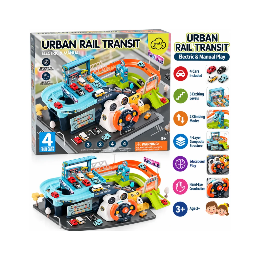 Urban Rail Transit Electric & Manual Parking Garage Track Playset with 4 Cars for Kids Ages 3+ Years