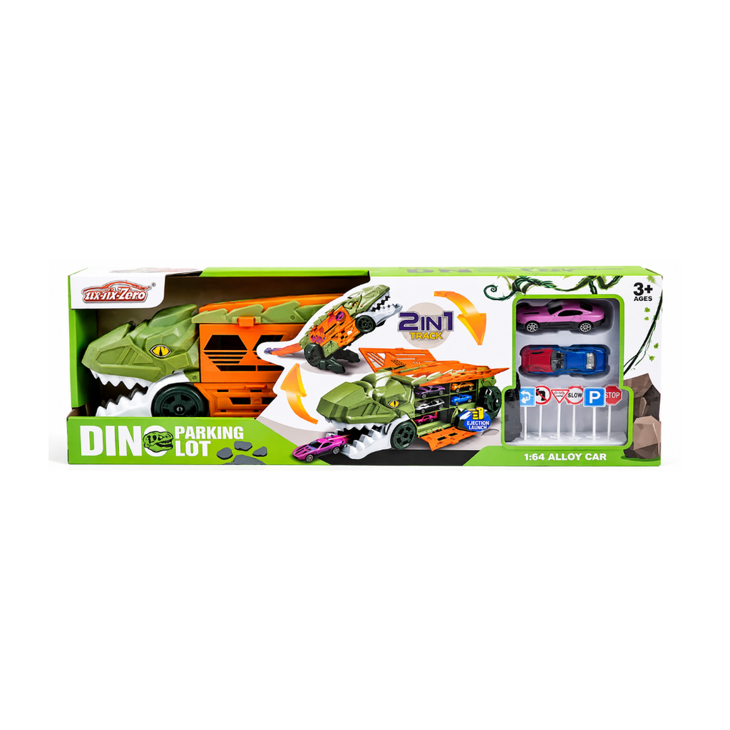 Dino Parking Lot 2-in-1 Transforming Dinosaur Car Carrier Truck Playset with Alloy Cars