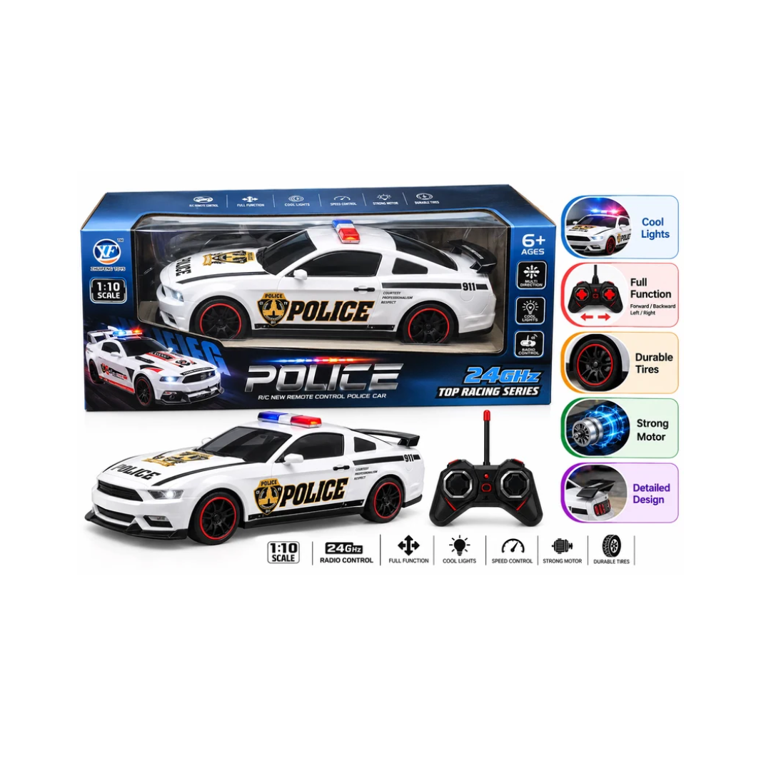 1:10 Scale Police Remote Control Car with Remote Control, Lights, Full Function & Multi-Direction Drive, Assorted Color, 6 Years+