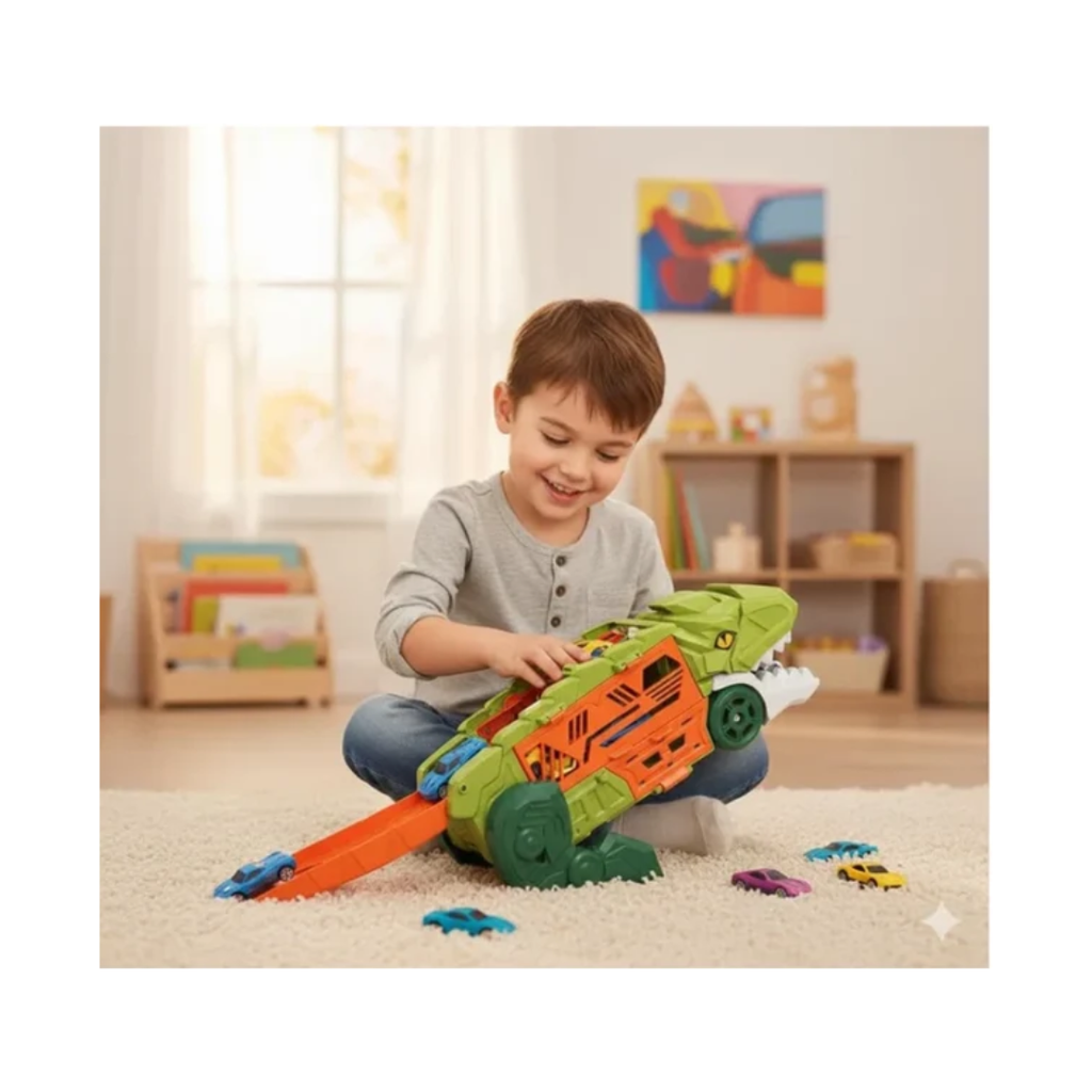Dino Parking Lot 2-in-1 Transforming Dinosaur Car Carrier Truck Playset with Alloy Cars