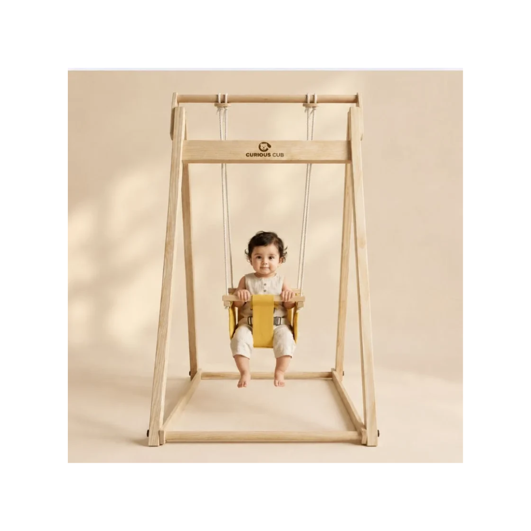Curious Cub Wooden Baby Swing with Stand – Adjustable & Foldable