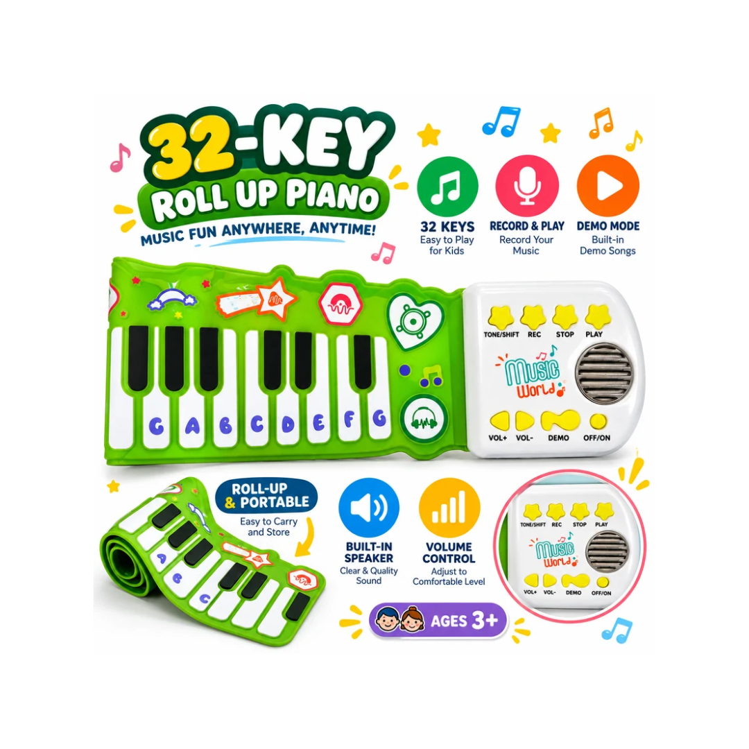 32-Key Roll-Up Piano for Kids | Portable Flexible Electronic Keyboard with Recording, Demo Songs & Music Functions