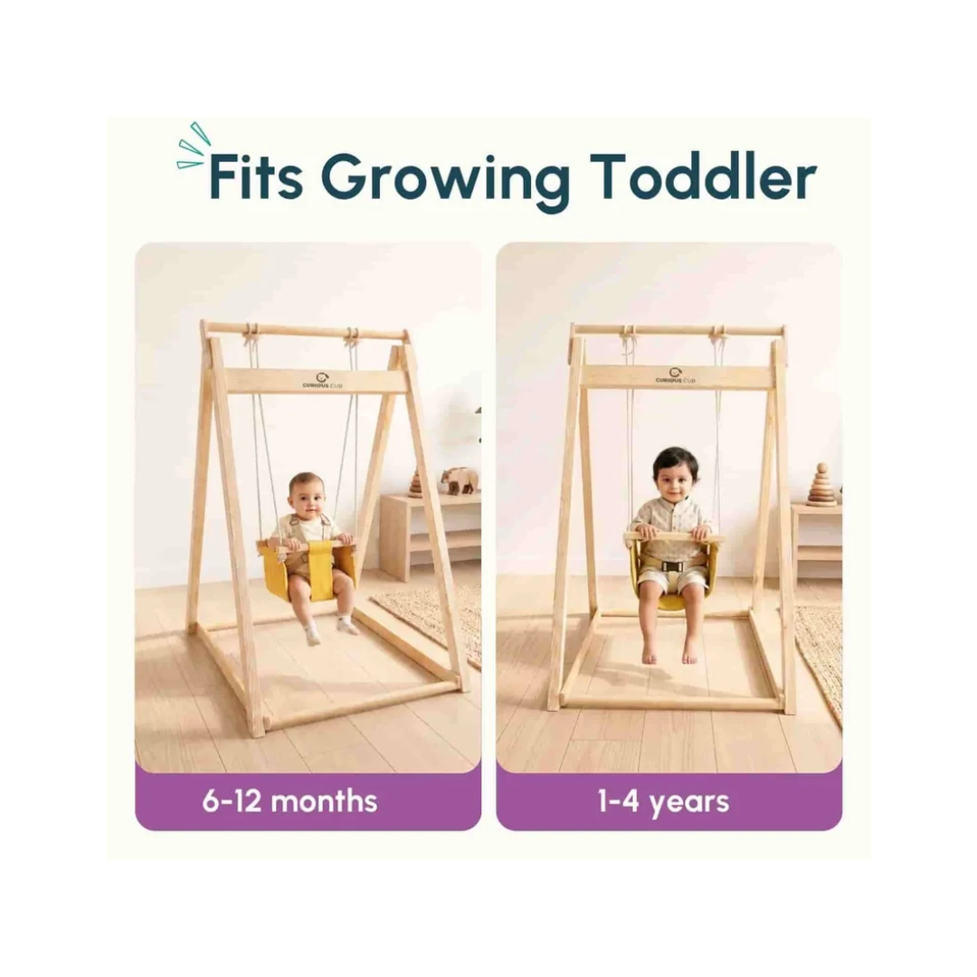 Curious Cub Wooden Baby Swing with Stand – Adjustable & Foldable