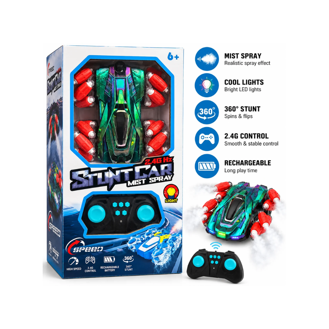 2.4GHz RC Stunt Car with Mist Spray, Lights & 360° Rotation – Rechargeable