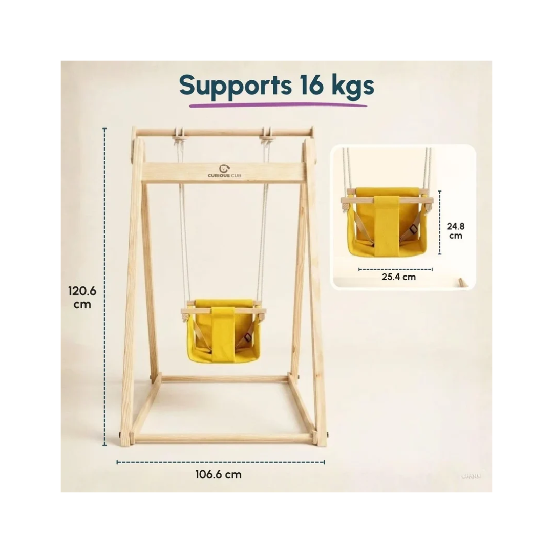 Curious Cub Wooden Baby Swing with Stand – Adjustable & Foldable
