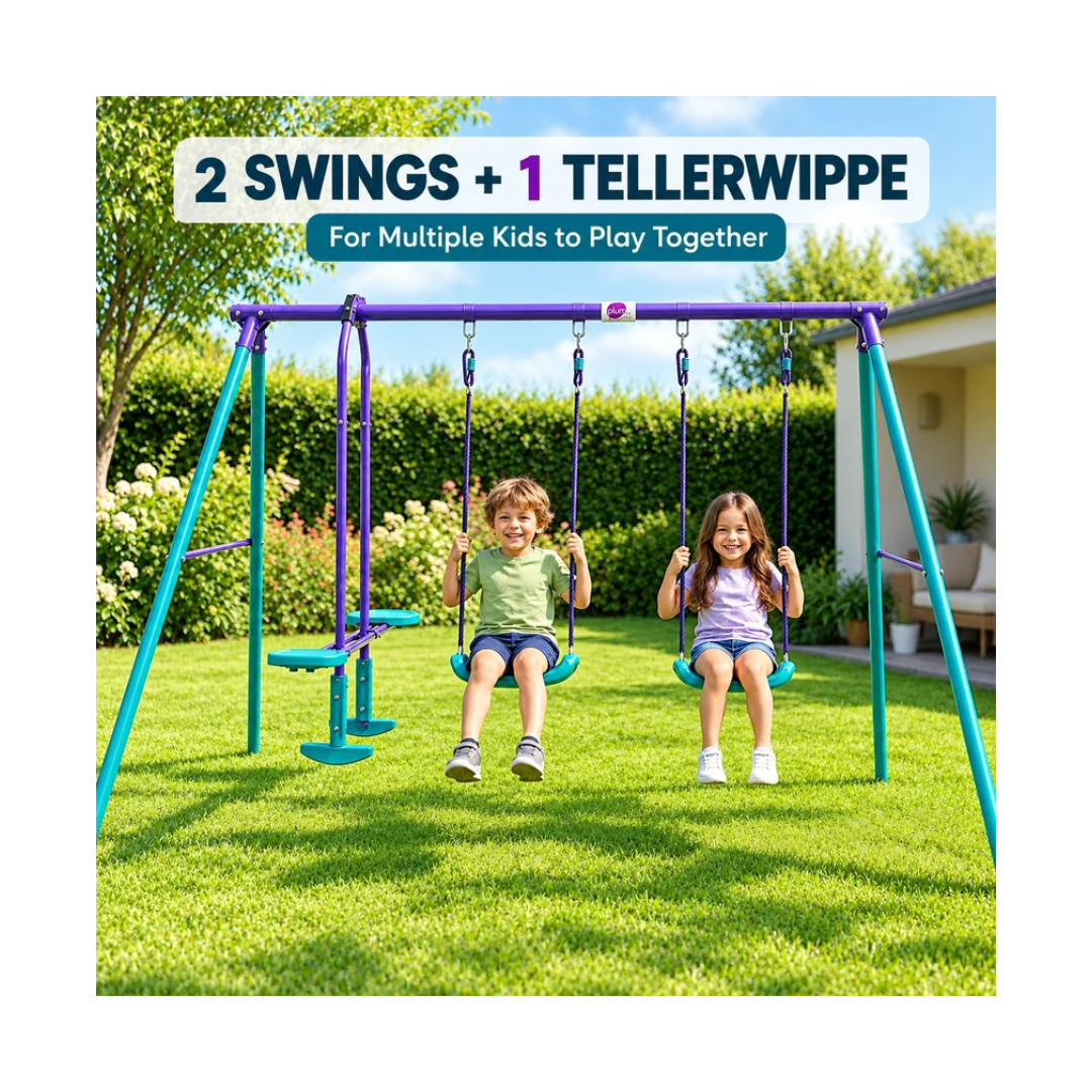 Plum Jupiter Metal Double Swing Set with Glider for Kids 3–10 Years – 2 Swings, Glider & Steel Frame, Multicolour