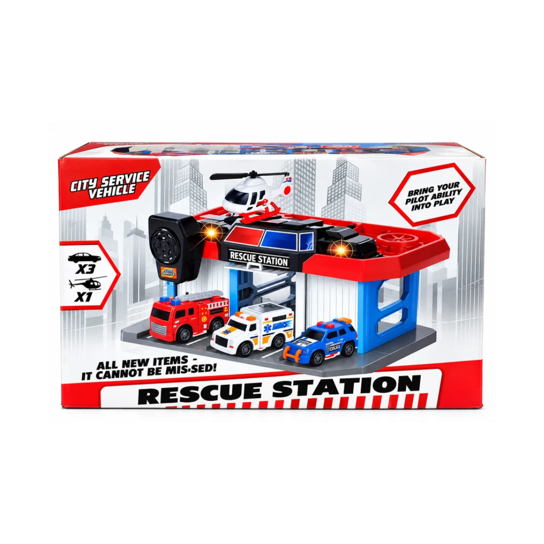 Product Title City Service Rescue Station Playset with Walkie-Talkie, Helicopter & 3 Cars | Lights & Sounds | 3+ Years